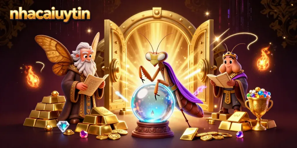 Engage with gaming opportunities at nhacaiuytin, showcasing a mystical scene filled with treasure and fortune.