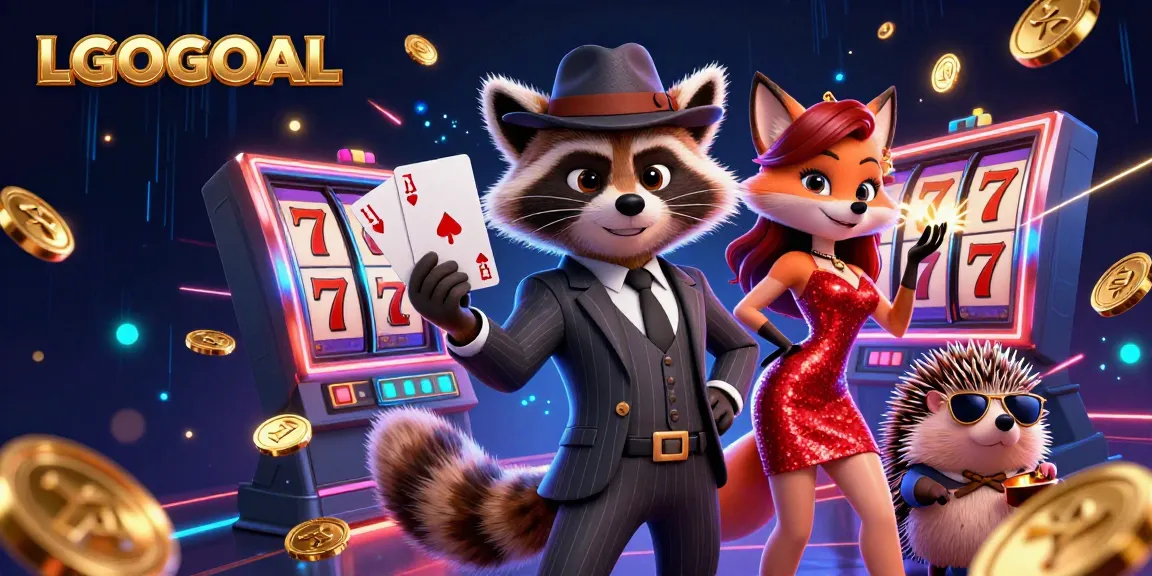 Join the excitement at LGOGOAL with a charming raccoon, captivating fox, and watchful hedgehog in a vibrant casino scene.