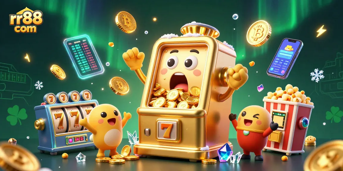 Explore thrilling action with the rr88 com golden slot machine hitting a jackpot, coins pouring out.