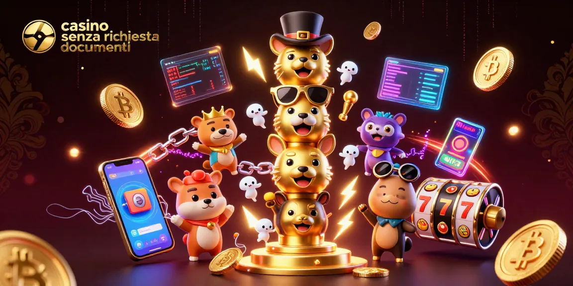 Gioca nei casinò senza richiesta documenti, un'illustrazione 3D coinvolgente con simboli di gioco e criptovalute.