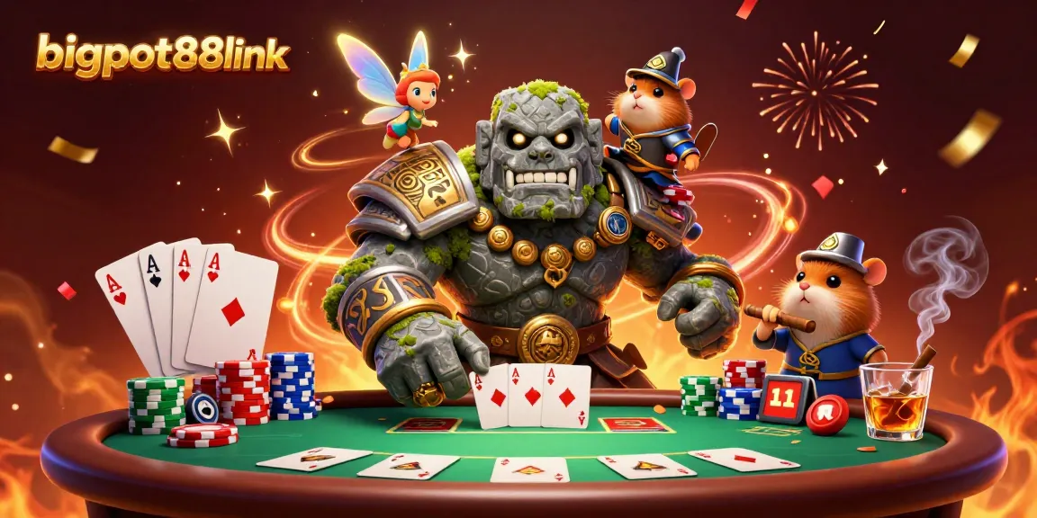 Experience the thrill with bigpot88link as a brave hamster knight rides a magical golem in a vibrant casino scene.