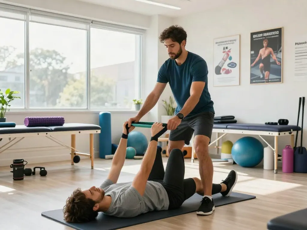 Wolverine Stack recovery session with trainer and client using resistance bands in a modern physiotherapy clinic.