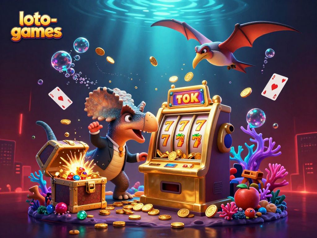 Loto-games features a pachycephalosaurus headbutting a slot machine while coins rain down.