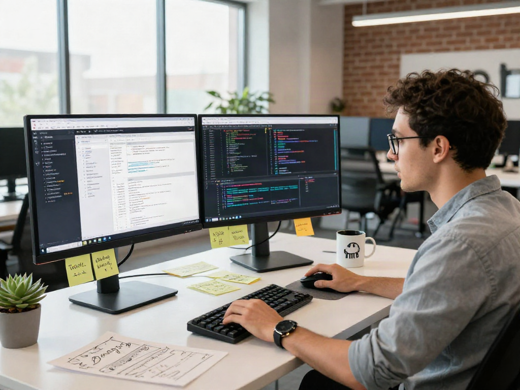 Expert developer coding on dual monitors, utilizing gbwhatsapp features in a modern office.