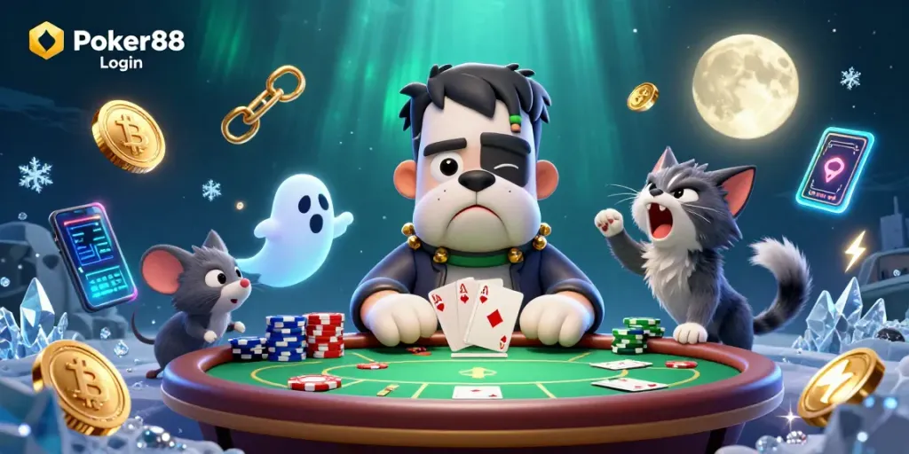 Experience Poker88 Login thrill with a Frankenstein bulldog dealer, poker elements, and vibrant crypto coins.