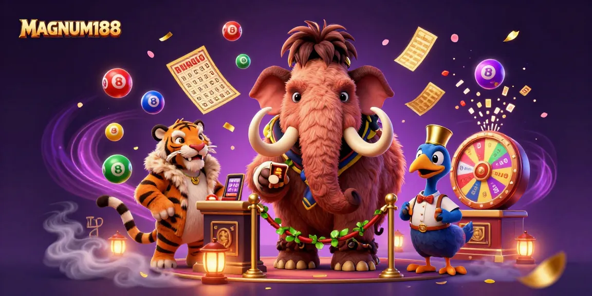 Experience MAGNUM188's thrilling atmosphere with vibrant lottery elements and unique characters in a rich casino scene.