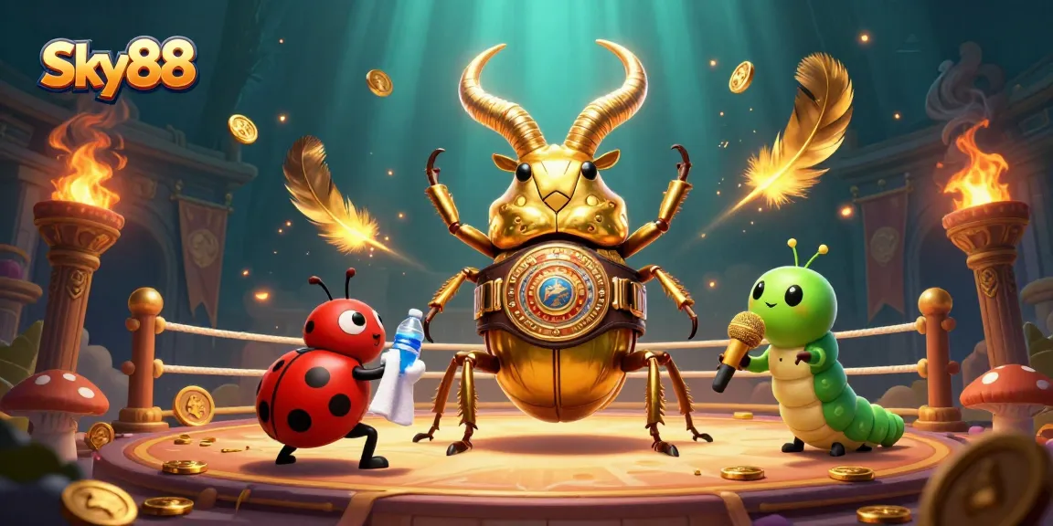 Sky88's dynamic boxing scene featuring a golden beetle champion and lively character interactions.