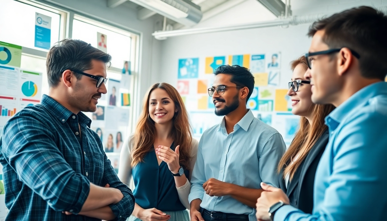 Engaged professionals collaborating to define their Ideal Career in a bright, vibrant workspace.