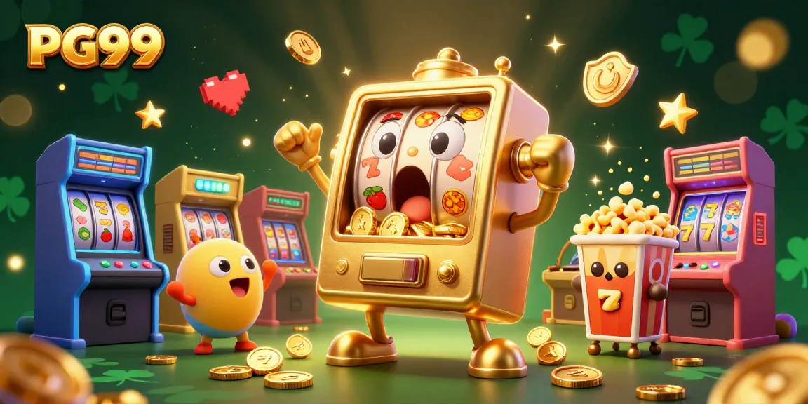 Experience PG99 with a golden slot machine hitting a jackpot amidst joyful baby machines and arcade fun.