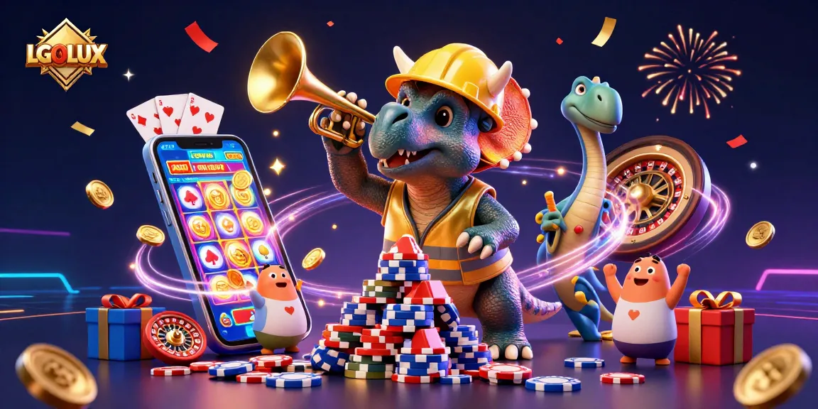 Celebrate at LGOLUX with 3D triceratops building poker chips amidst lively casino elements.