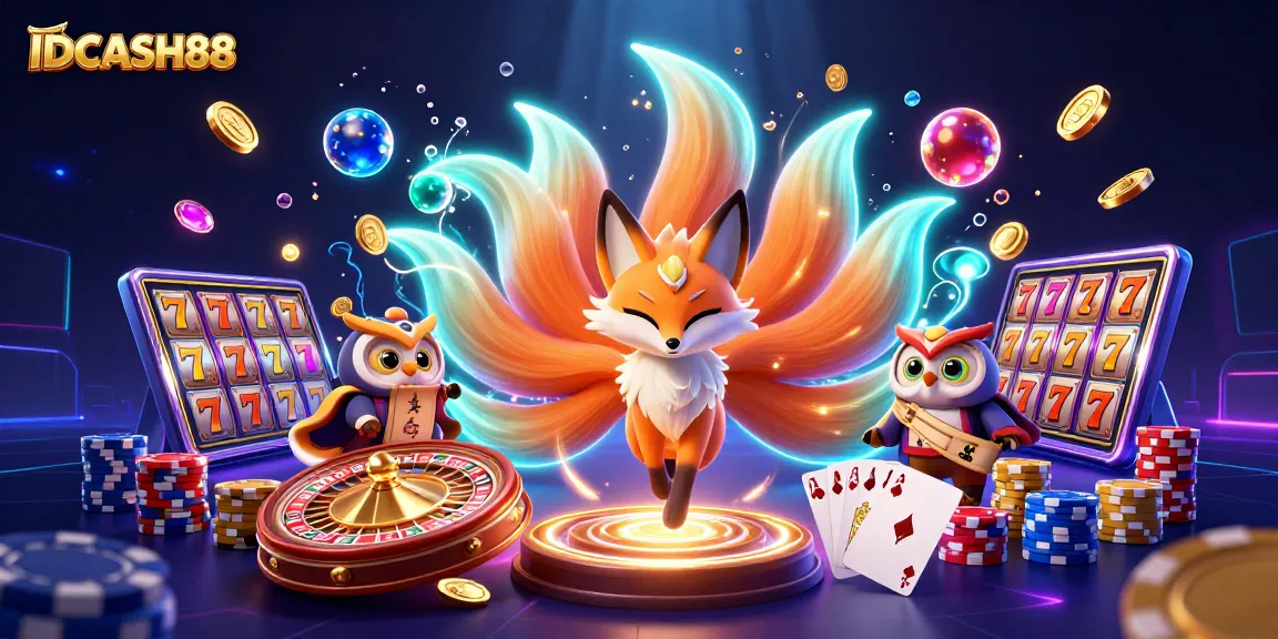 Engage with IDCASH88's thrilling slots experience featuring dynamic characters among golden coins and cards.