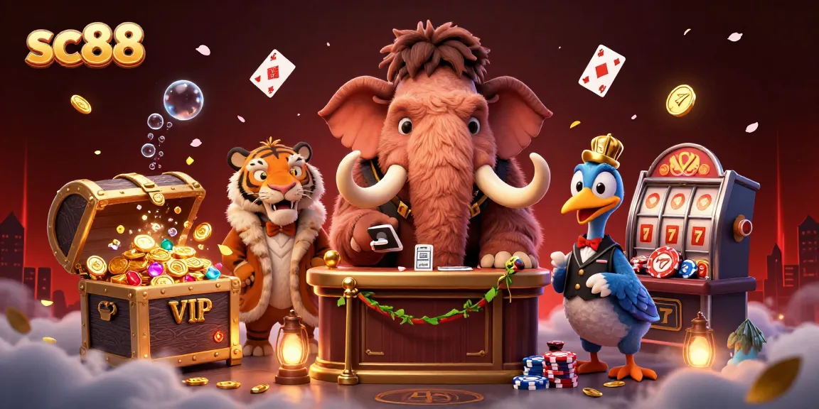 sc88 casino scene showcases mammoth bouncer, tiger VIP, and dodo doorman in a vibrant atmosphere.