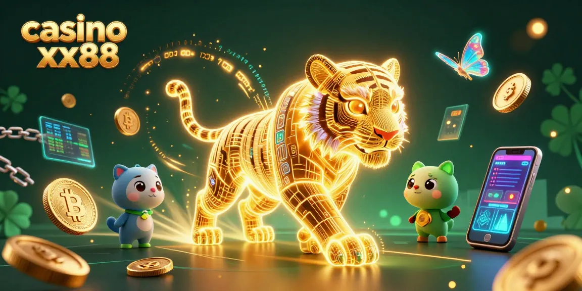 Experience casino xx88's live gaming ambiance with a vibrant digital art scene featuring a glowing tiger and cryptocurrency elements.