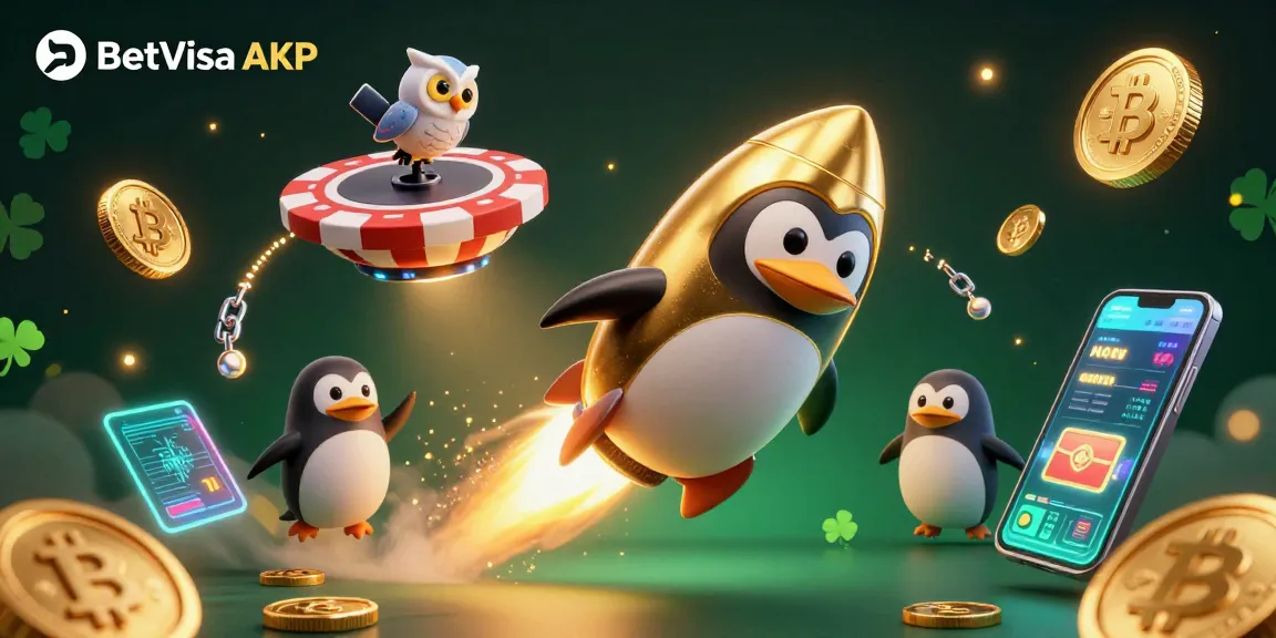 Engage with BetVisa APK while the golden penguin rockets to the casino space station, symbolizing winning opportunities.