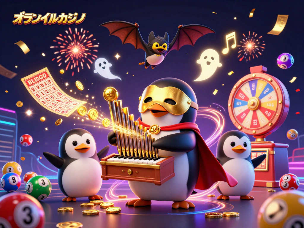 オンラインカジノでゴールドのコインを吐き出すオルガンを演奏するペンギンのイラスト