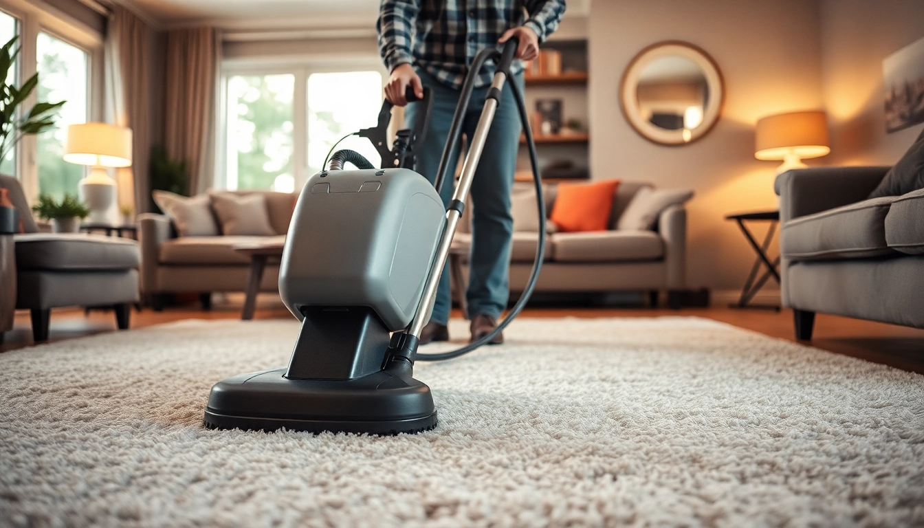 Carpet cleaning Placer County technician efficiently cleans a cozy rug in a bright living room.