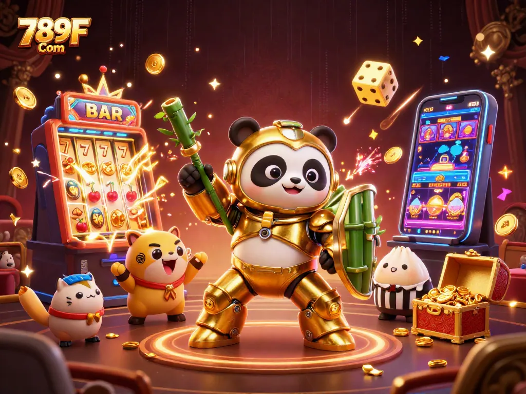Experience thrilling gameplay at 789F Com with a vibrant 3D casino illustration showcasing exciting slots and dynamic characters.
