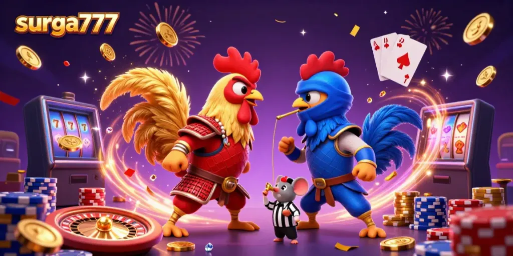 Engage with surga777 in an energetic showdown with 3D fighter roosters and casino elements.