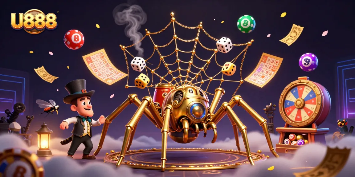 Experience the thrilling U888 casino journey through colorful lottery balls and a whimsical steampunk spider.