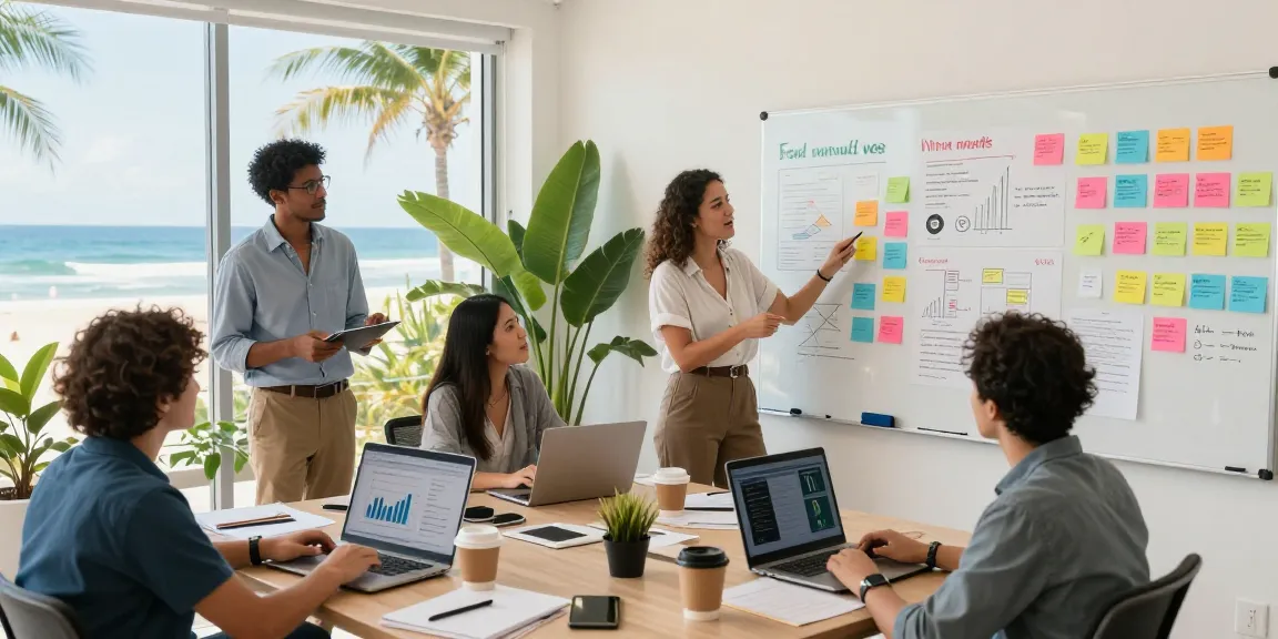 Marketing Agency Gold Coast team collaborating in a sunlit office, showcasing branding strategies and creative brainstorming.