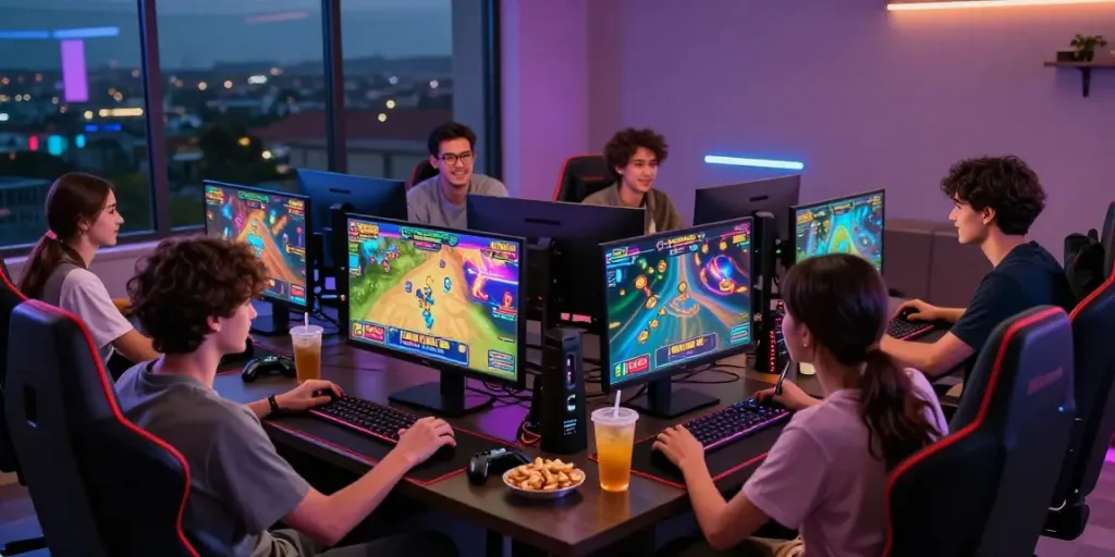 Friends enjoying a lively evening of slot gacor gaming with vibrant graphics and snacks.