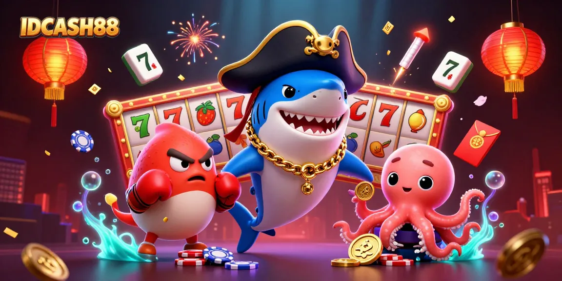 Engage with IDCASH88 in vibrant action featuring a pirate shark and friends in a packed casino scene.