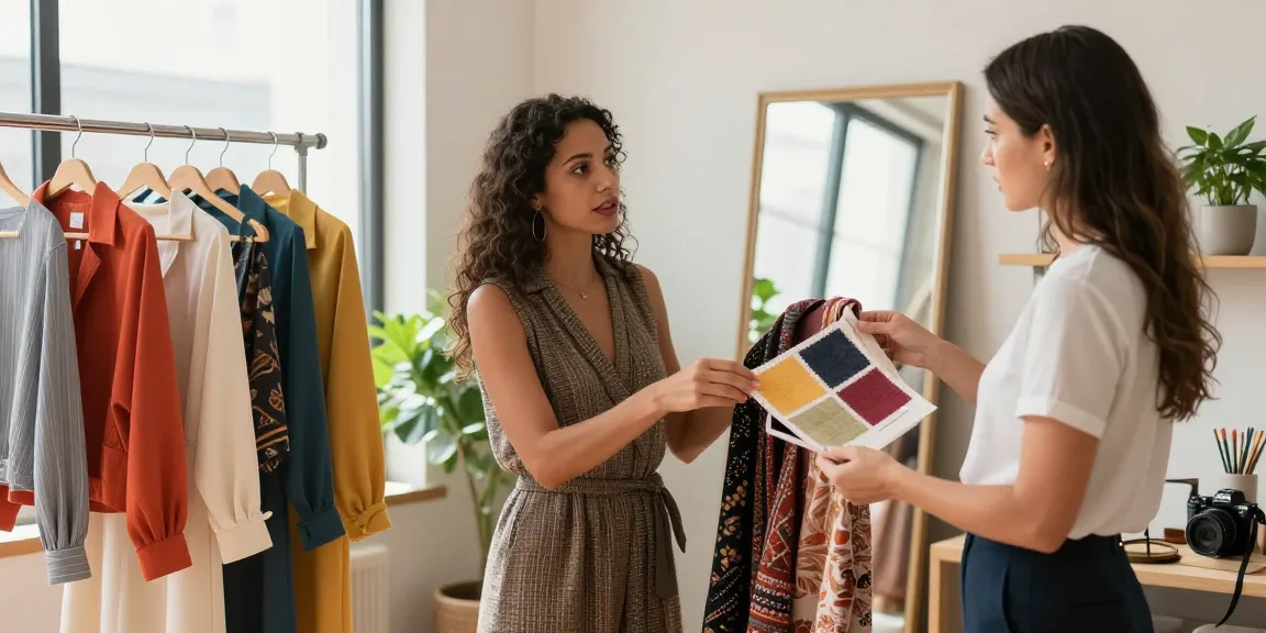 Consulente d'immagine in azione, donna che esplora il suo stile personale con consigli su abbigliamento e accessori.