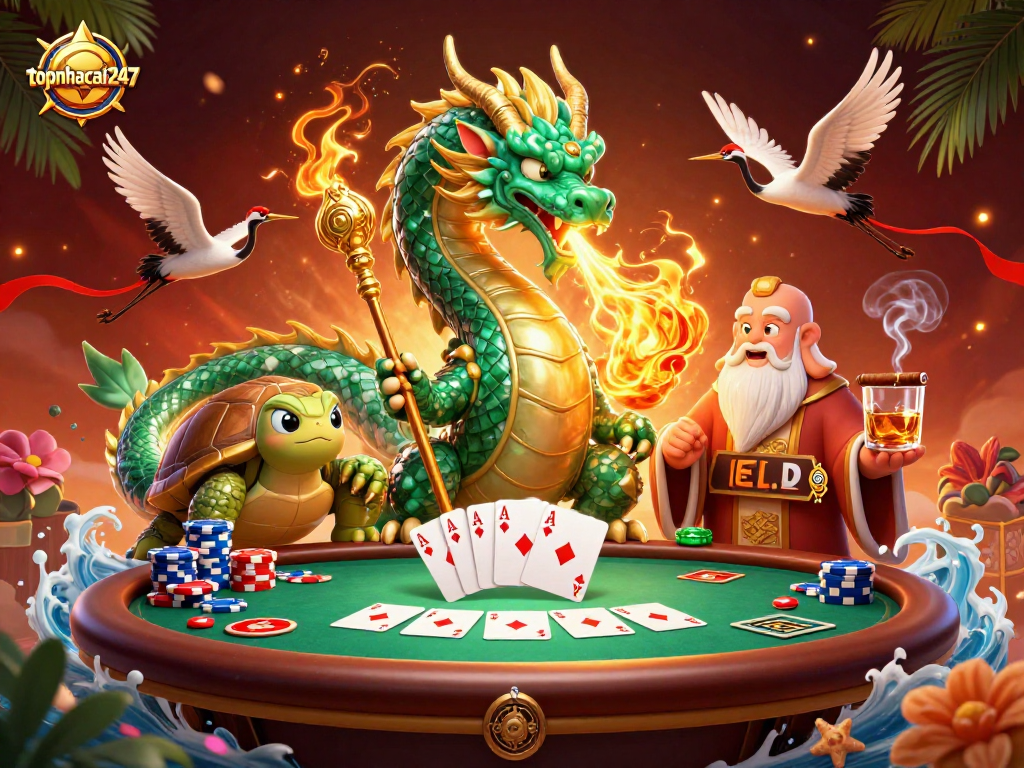 Experience thrilling coin flipping excitement at topnhacai247, enhanced by vibrant 3D characters and casino elements.