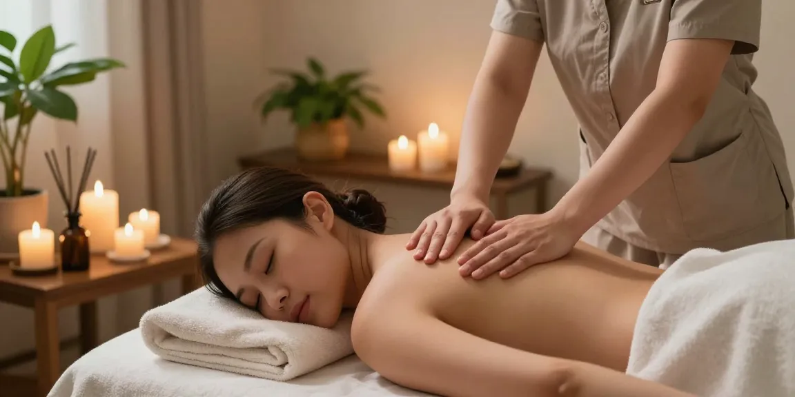 마사지 중인 고객과 아로마 오일로 편안한 분위기의 스파 실내