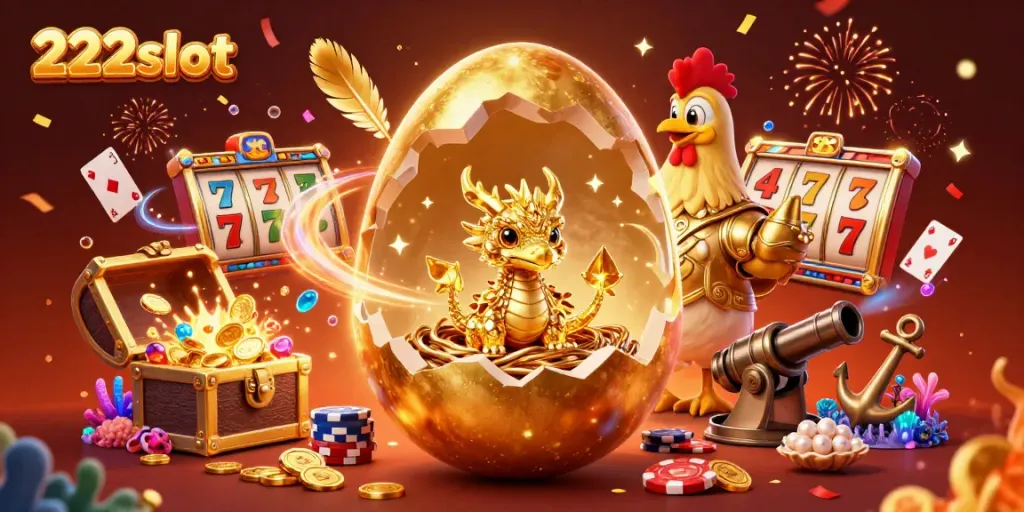 Slot 222slot menampilkan naga emas di antara chip poker dan elemen kasino lainnya.