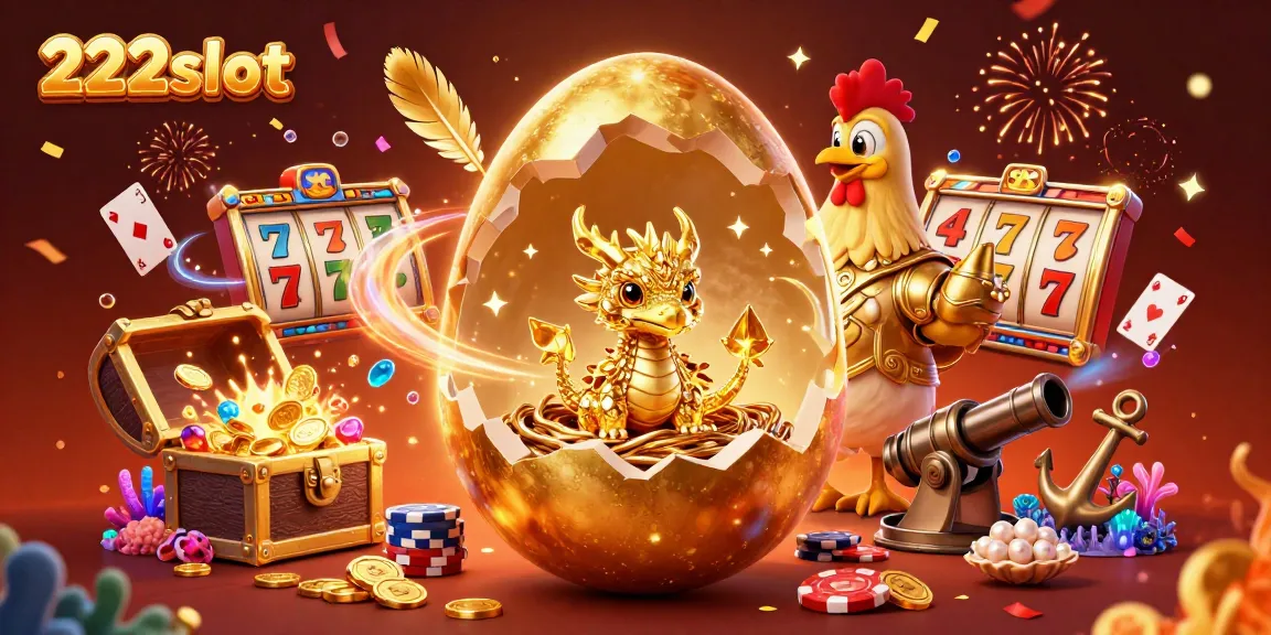 Slot 222slot menampilkan naga emas di antara chip poker dan elemen kasino lainnya.