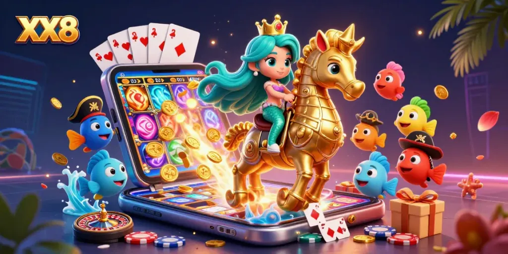 Experience the excitement of gaming with XX8 as a mermaid princess rides into a colorful casino adventure.