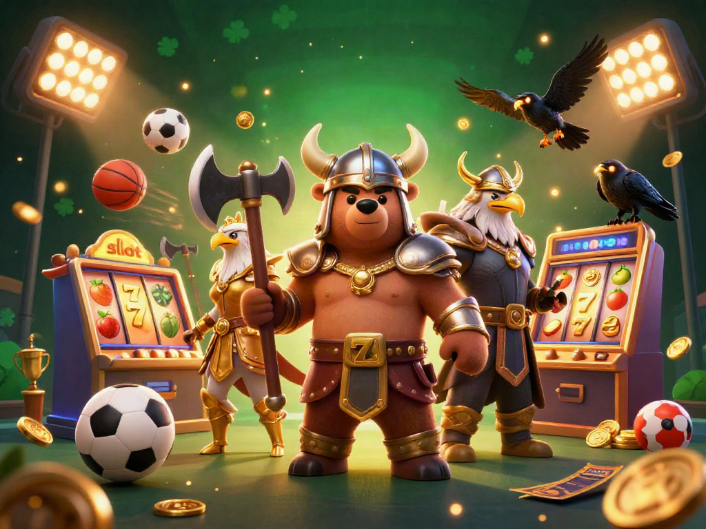 Experience dynamic slot excitement with cartoon Viking characters and spinning reels in this vibrant 3D illustration.