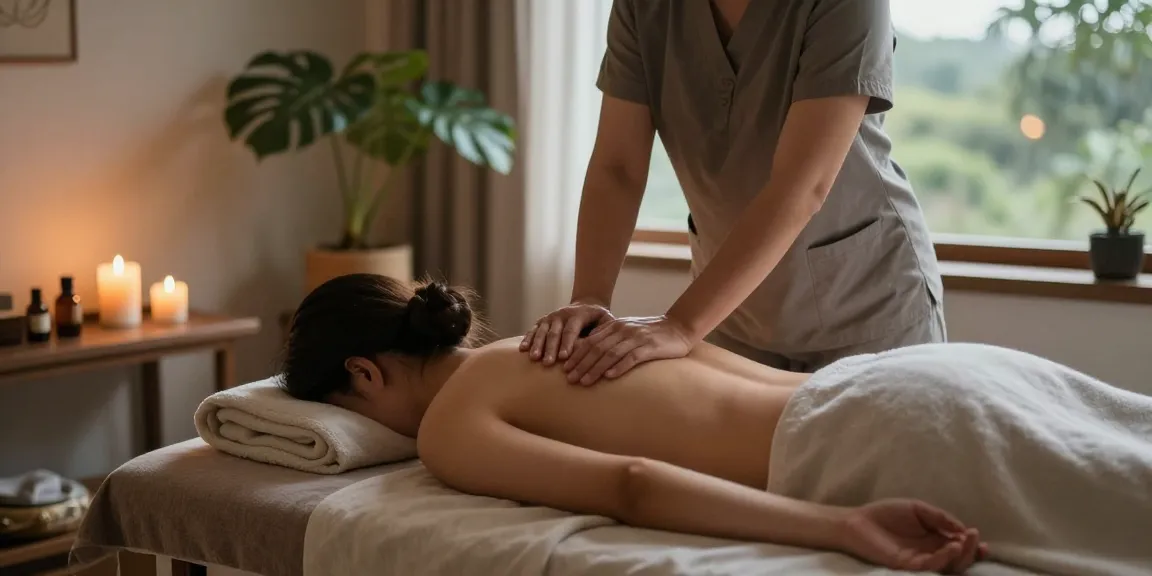 마사지 치료 중인 고객과 편안한 분위기의 마사지 테라피스트 모습