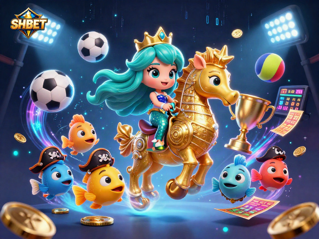 Engage with SHBET's vibrant casino world, featuring a mermaid princess and sports betting elements.
