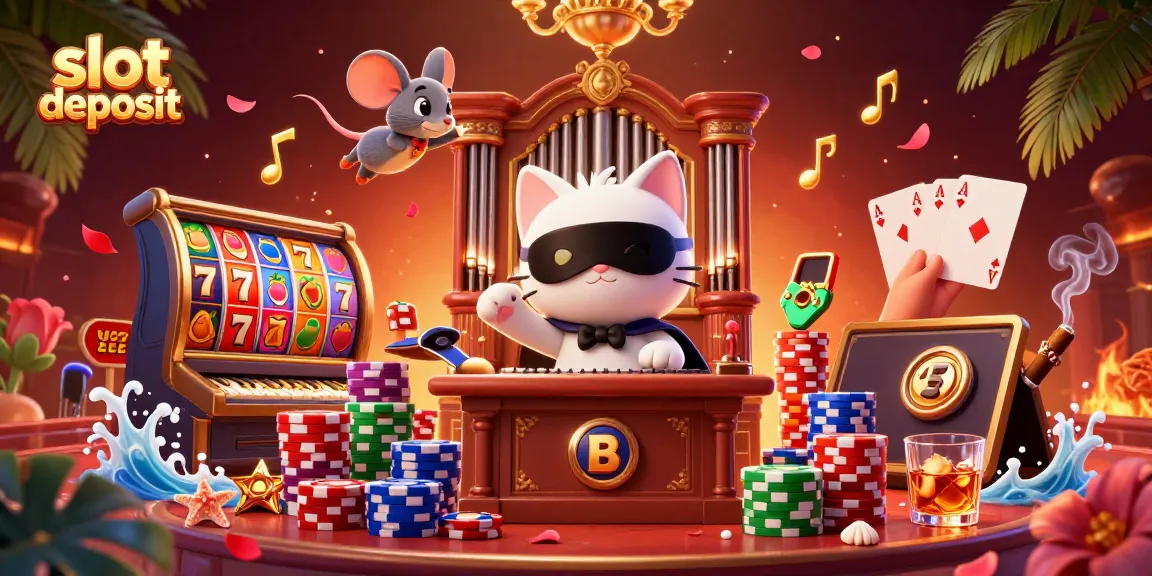 Mempercepat slot deposit dengan ilustrasi kucing bertopeng di kasino sambil menikmati keseruan permainan.