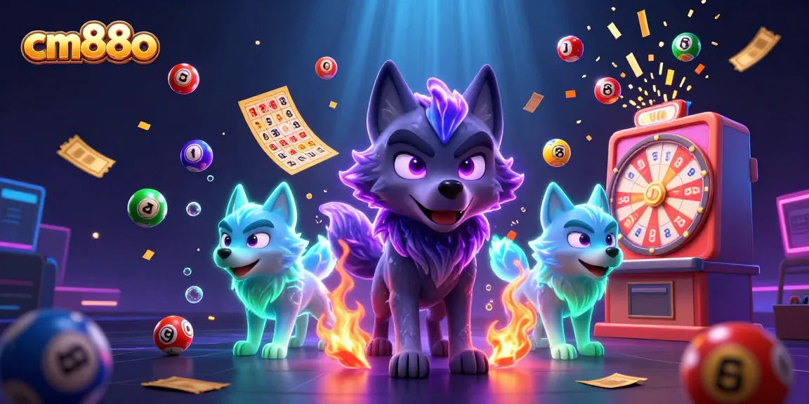 Bet on cm88o with dynamic lottery scenes featuring a shadow wolf and colorful elements.