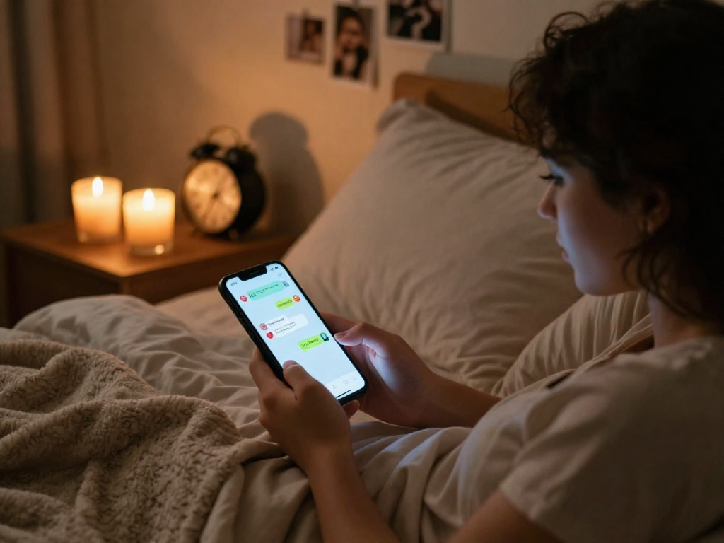 A couple engaged in ai sexting through a smartphone in a cozy bedroom with ambient lighting and personal touches.