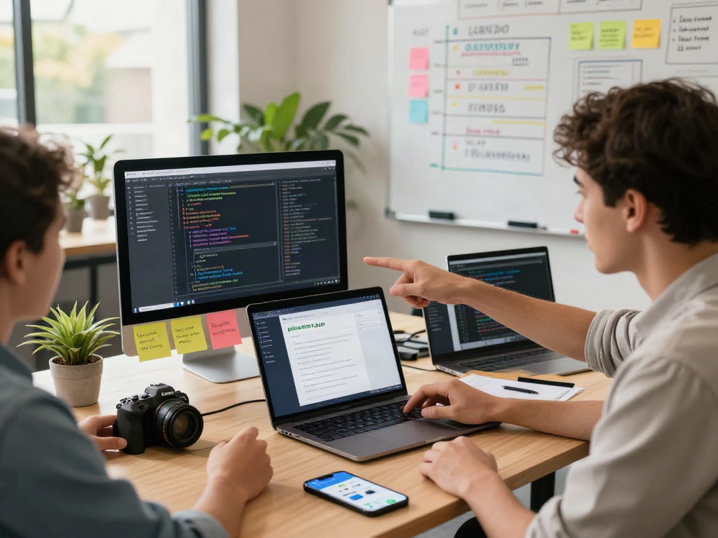 Software developers collaborating on the pikashow apk interface in a vibrant workspace.