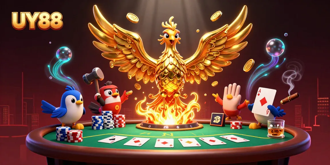 Experience UY88's thrilling atmosphere with a molten golden phoenix and poker elements in stunning 3D.