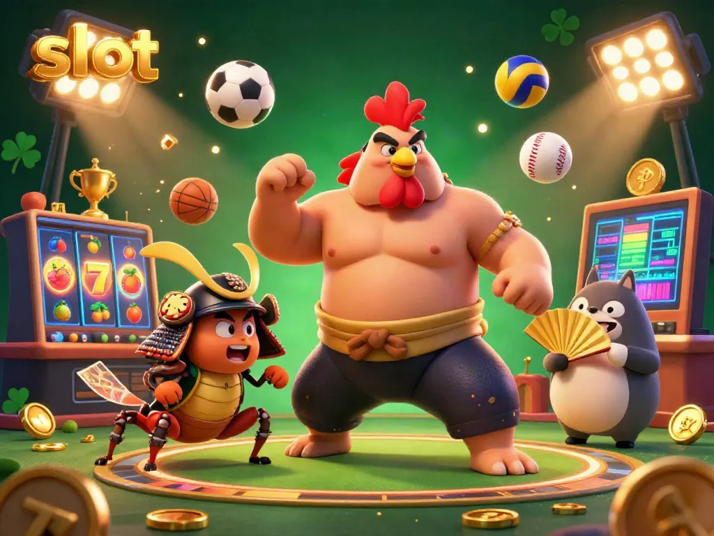 Engage with thrilling slot games in this lively illustration featuring sumo wrestlers and dynamic casino elements.