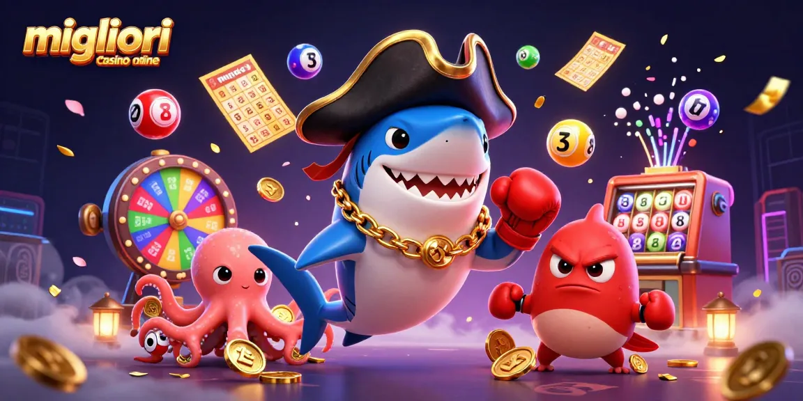 Scopri i migliori casino online con l'illustrativa scena di un pesce pirata che gioca con palline della lotteria.