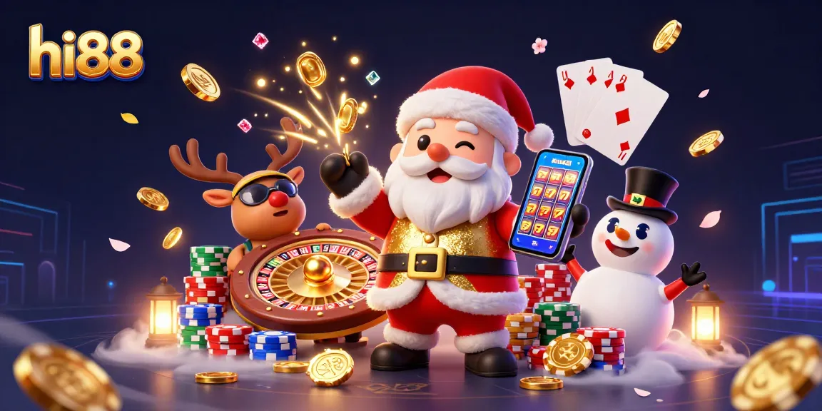 Win at hi88 with a vibrant casino scene featuring Santa Claus, a dealer reindeer, and a poker chip snowman.