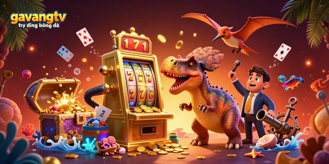 Experience the excitement of gavangtv trực tiếp bóng đá with a vibrant casino illustration featuring playful dinosaur characters.