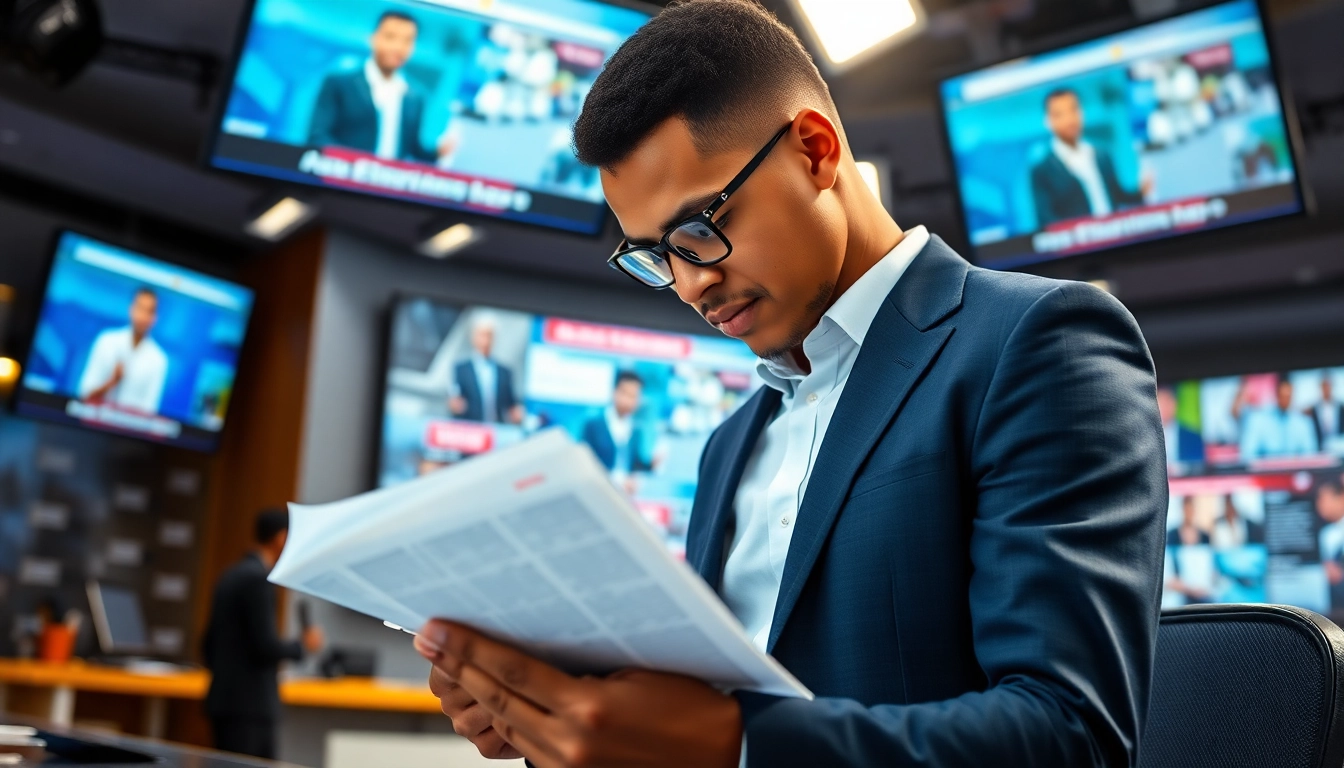 Nigerian Newspaper Headlines analyzed in a vibrant newsroom by a focused journalist.