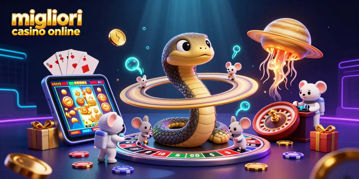 I migliori casino online presentano una scena giocosa con il serpente di Saturno e astronauti che scommettono.