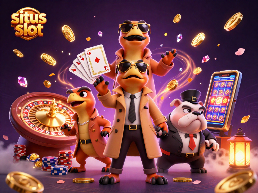 Rasakan keseruan situs slot dengan tiga raptor dalam trench coat yang mencoba masuk ke lounge VIP kasino.