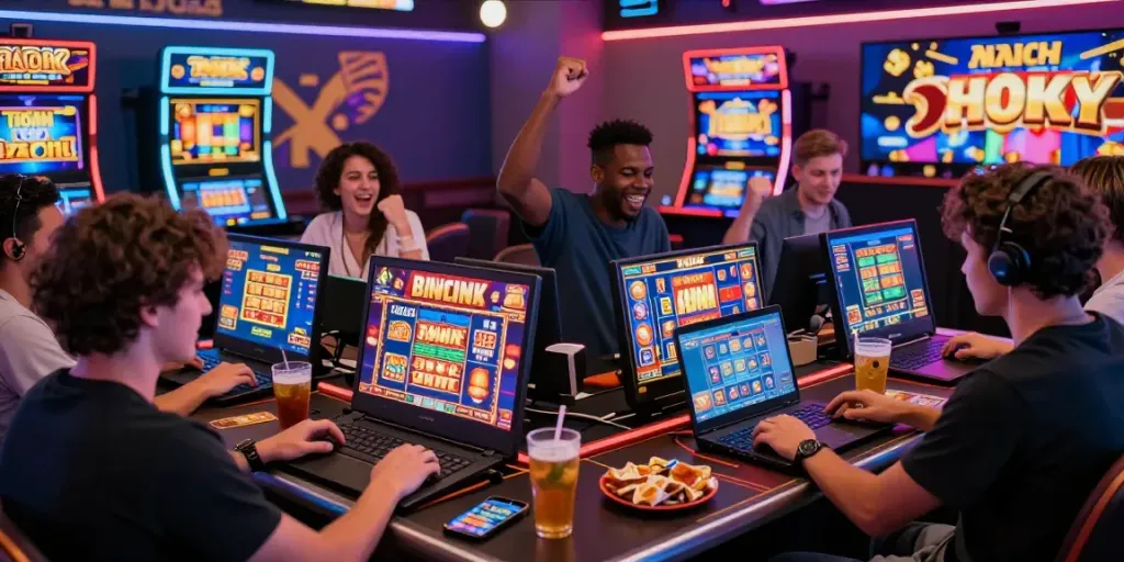 Exciting online slot game scene with players engaging on various devices amidst colorful graphics and vibrant casino atmosphere.