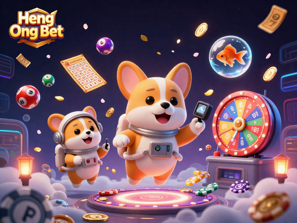 Experience excitement at Heng Ong Bet with a vibrant space casino scene featuring playful characters and dynamic game elements.