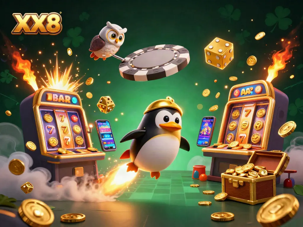 Join the adventure with the XX8 rocket penguin as it reaches for casino jackpots surrounded by vibrant gaming elements.